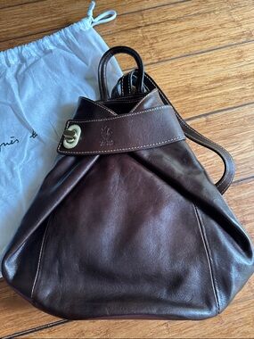 Genuine Leather ItalianDark Brown Leather Backpack Purse with Gold-Tone Hardware